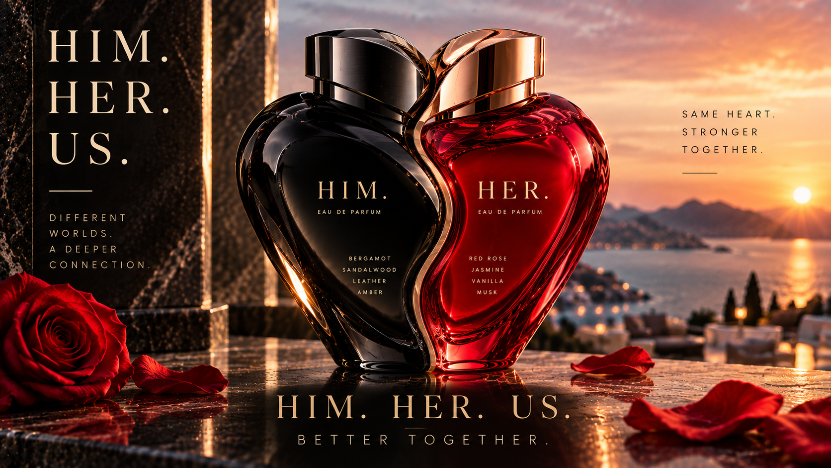 HIM. and HER. fragrance bottles connected in a heart silhouette